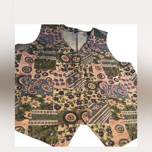 Cottage core Patchwork look Vest women’s plus sz XL button front all cotton VTG